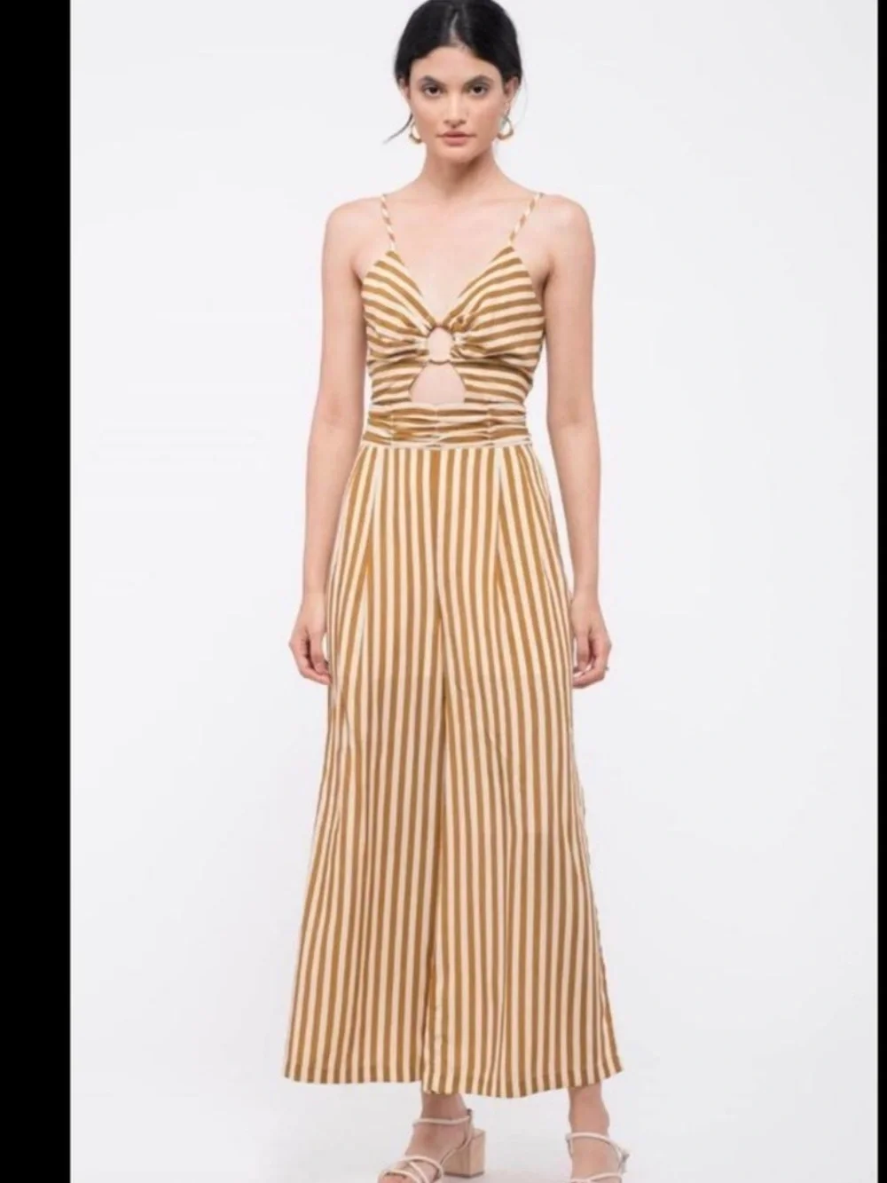 Moon River Ettna Mustard Yellow Striped Cutout Front Wide-Leg Jumpsuit NEW Small